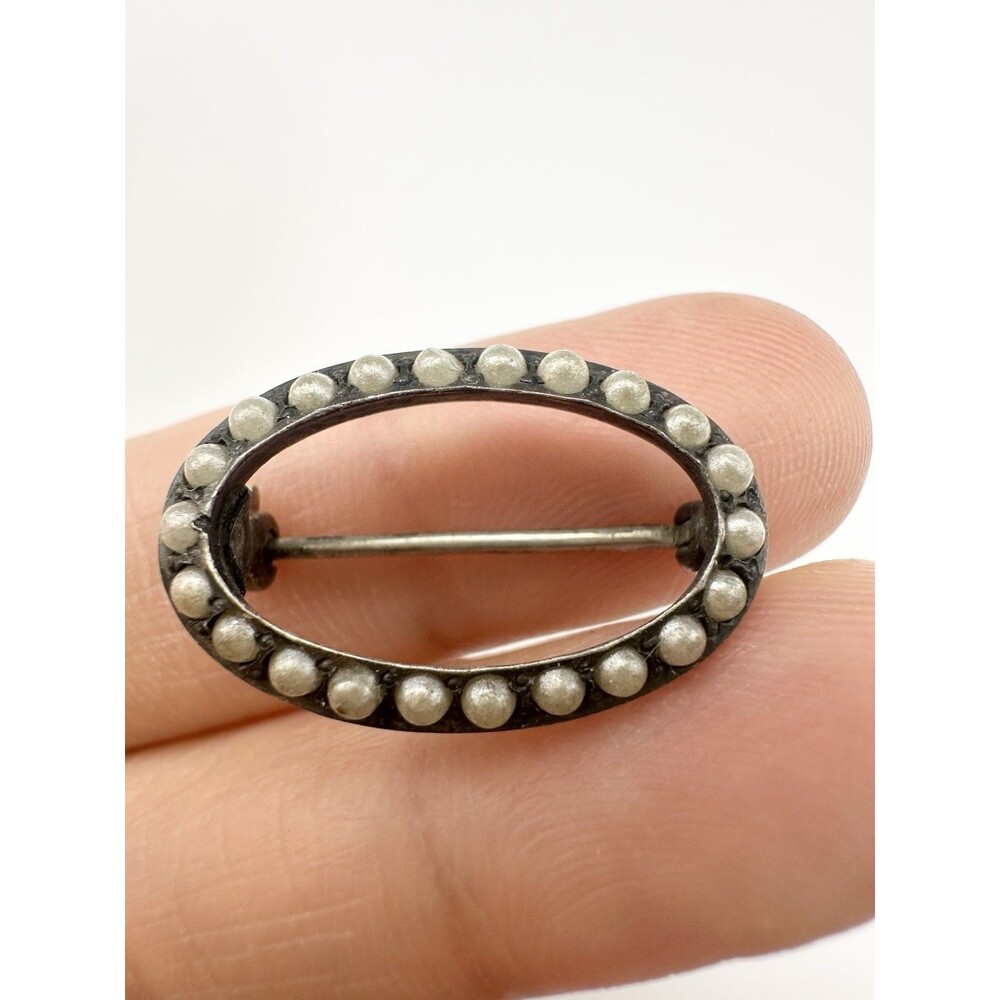 Antique Victorian Sterling Silver Natural Seed Pearls Oval Pin Brooch